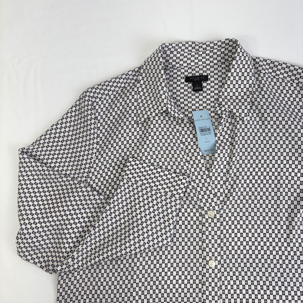 Ann Taylor Petite Geometric Print Button Up Shirt Top Womens‎ Size L NWT